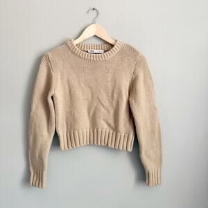 Zara knit cropped sweater crew neck wool blend tan beige small